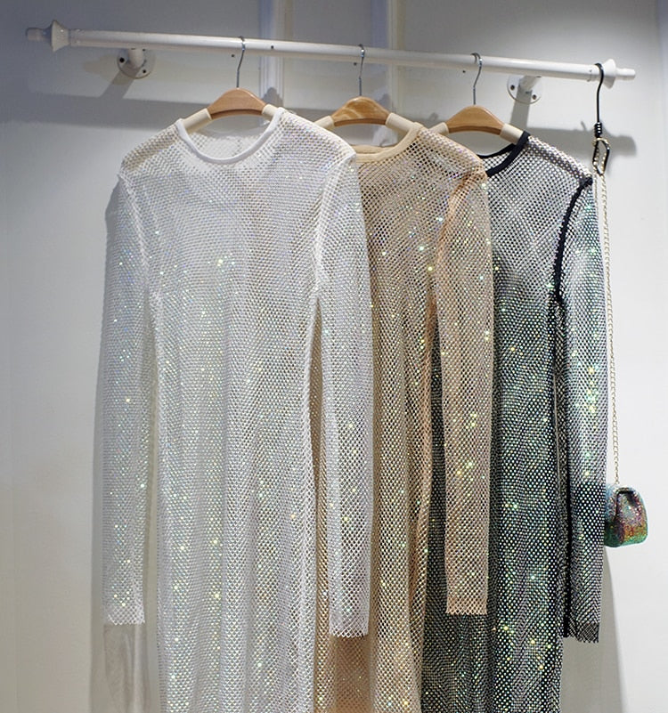 Crystal Mesh Sheer Shimmer Midi Dress