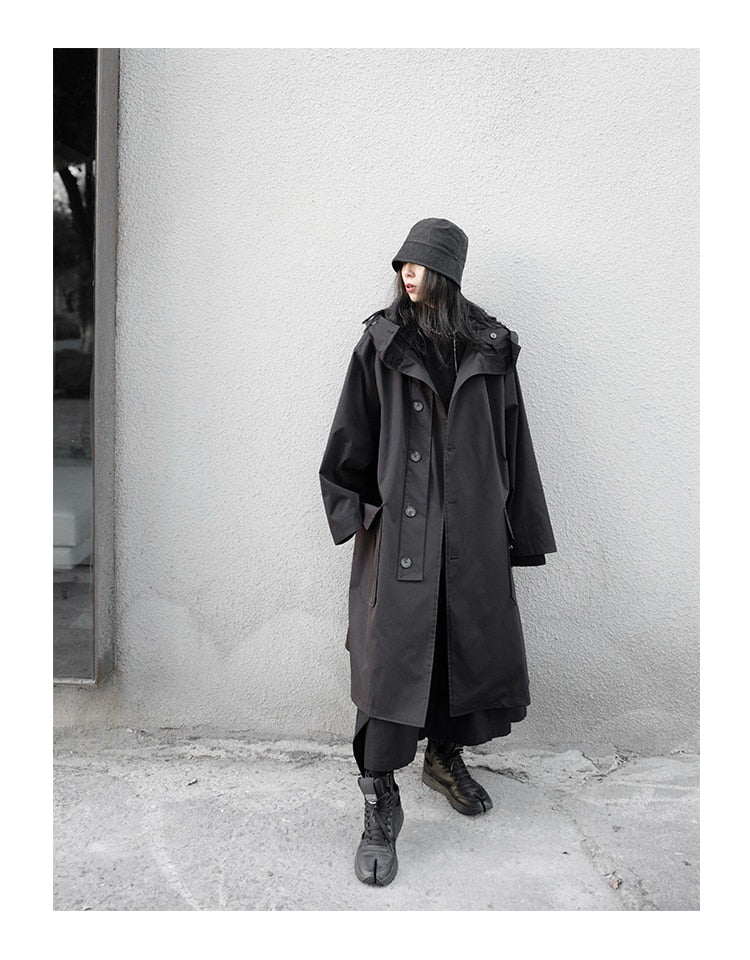 Long Oversized Black Trench Coat with Hood