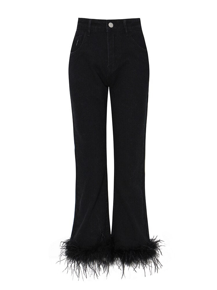 High Waisted Jeans with Feather Bottom