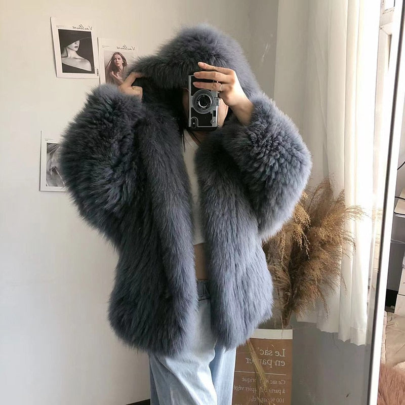 Genuine Fox Fur Hooded Coat