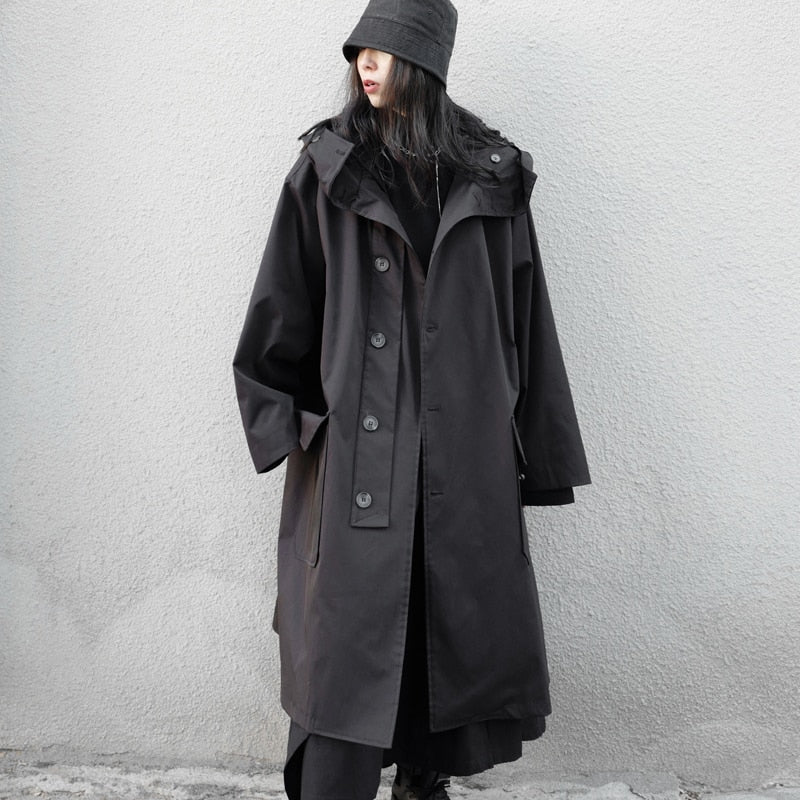 Long Oversized Black Trench Coat with Hood
