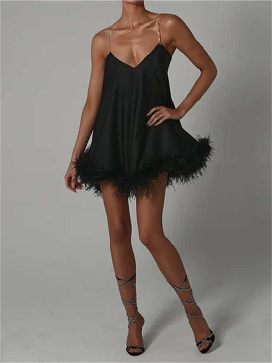 Backless Party Dress with Feather Trim