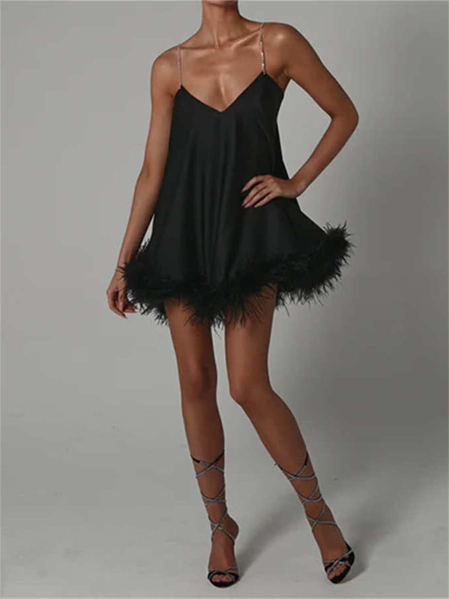 Backless Party Dress with Feather Trim