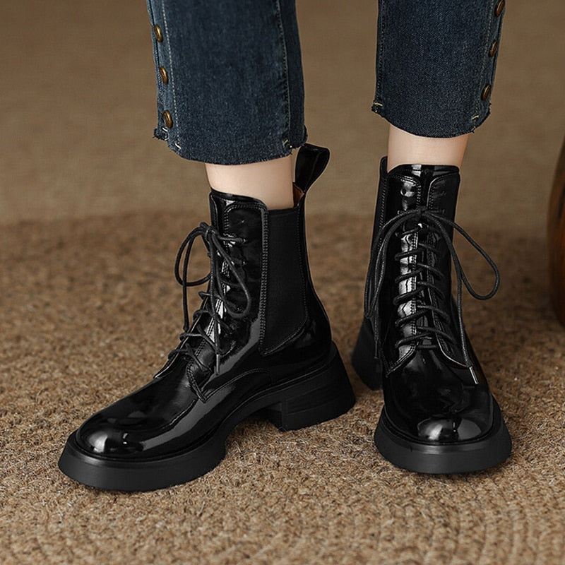 Women's Patent Leather Round Toe Boots