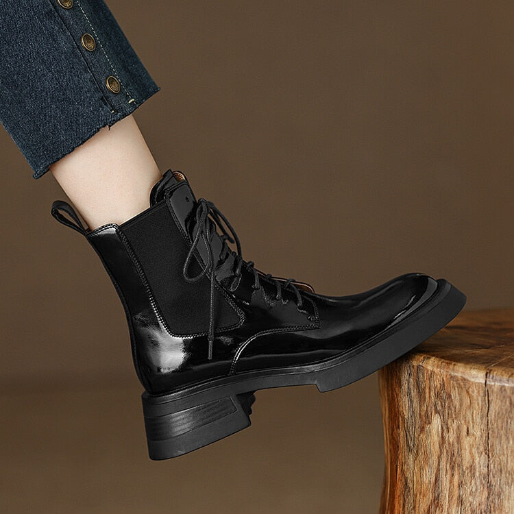 Women's Patent Leather Round Toe Boots