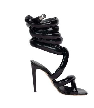 Black Patent Leather Oversized Shoelace Sandals