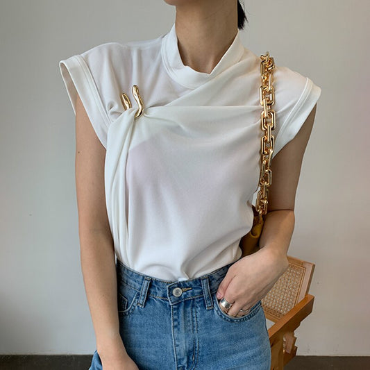 Ruched Tank Top with Gold Brooch