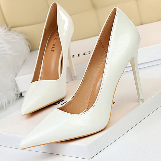 Winter White Patent Leather High Heels Shoes