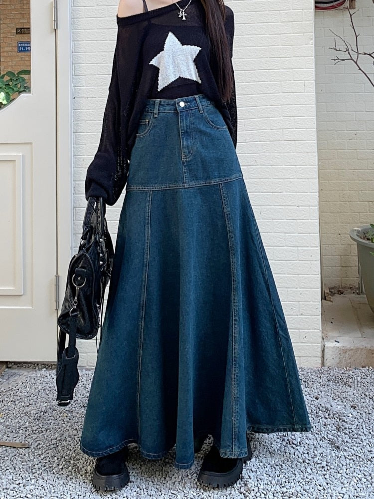 Long Denim High Waisted A-line Skirt