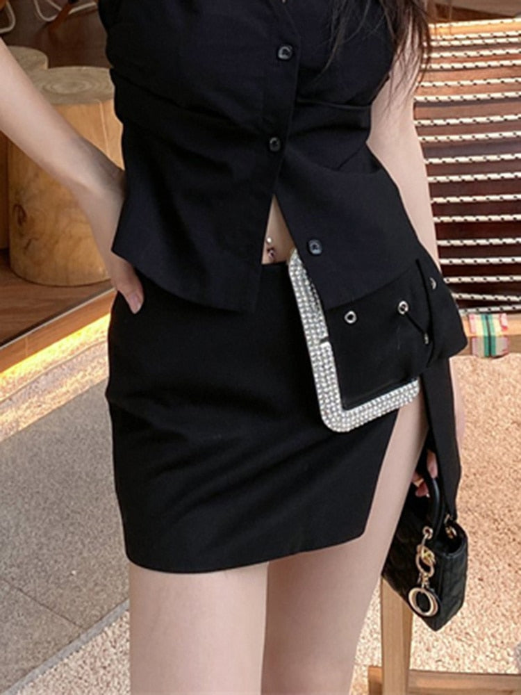 Black Skirt with Large Diamond Embellished Buckle