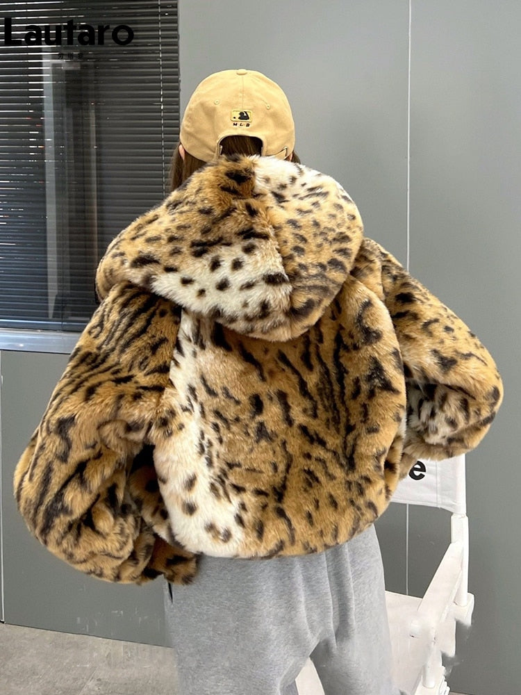 Hooded Leopard Print Faux Fur Jacket