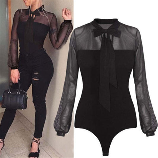 Bowed up Bodysuit with Sheer Chiffon Sleeves
