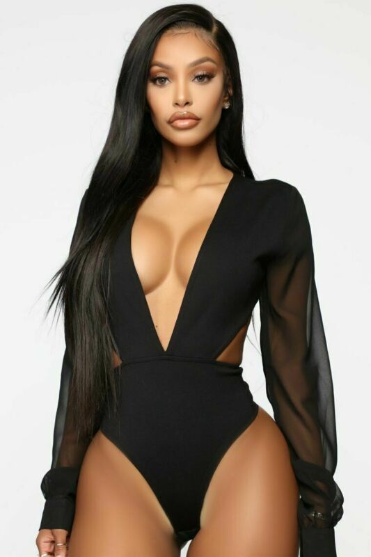 Deep V dress Bodysuit with Cutout Sides and Sheer Long Sleeves - 2 colors