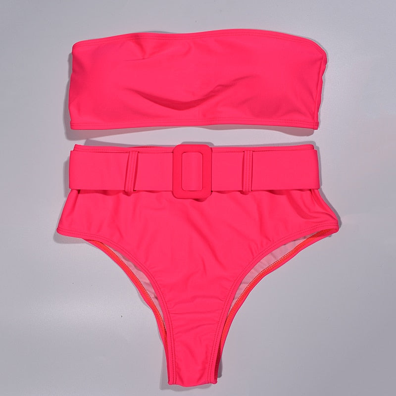 High Waist Strapless Bandeau Bikini Set - Various Patterns