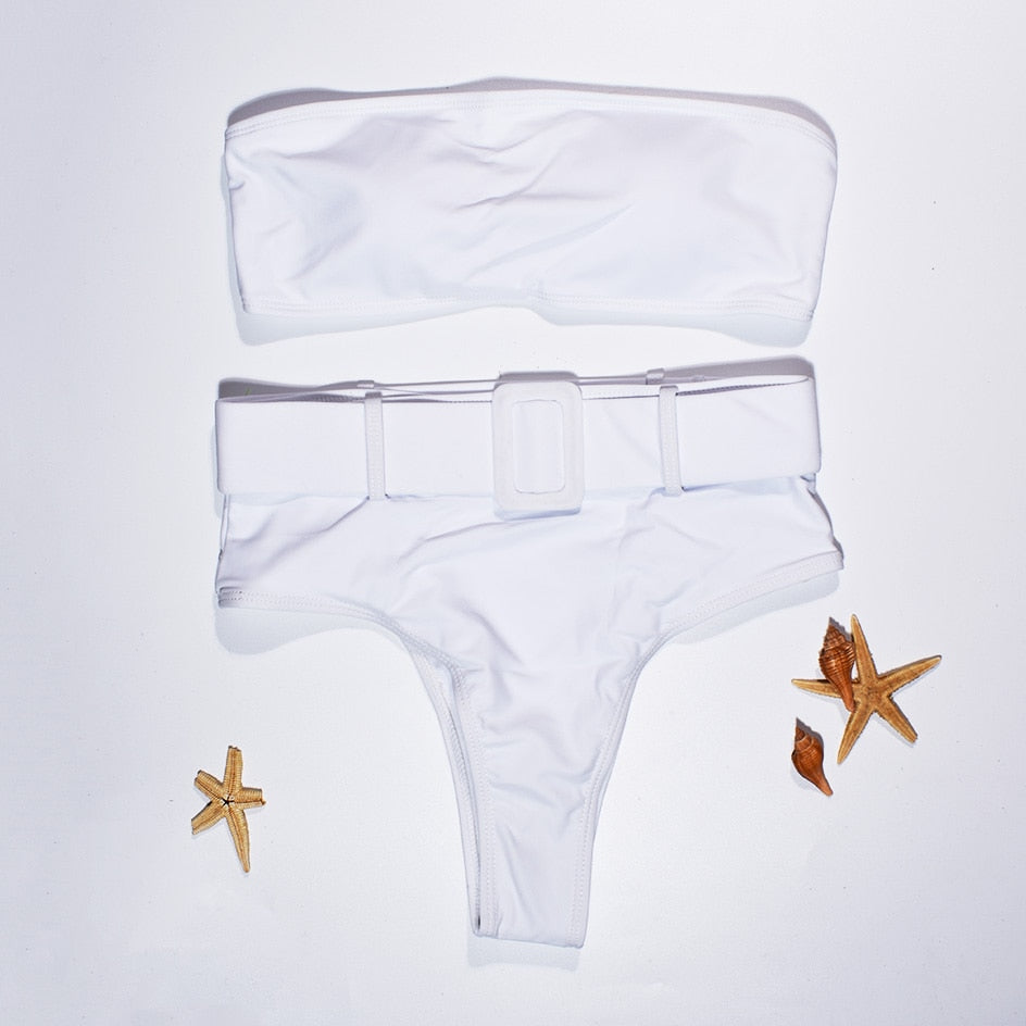 High Waist Strapless Bandeau Bikini Set - Various Patterns
