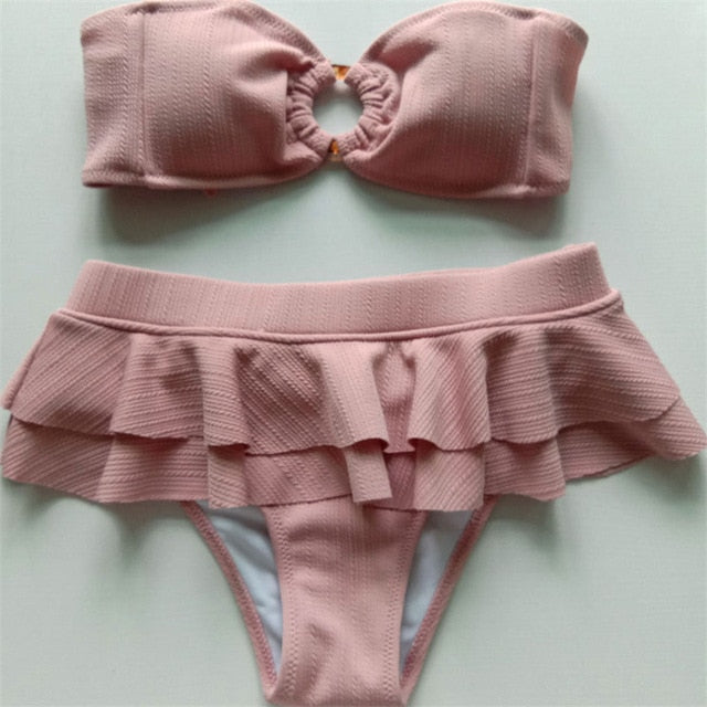 Pink Bandeau 2 Piece Ruffled Swimsuit