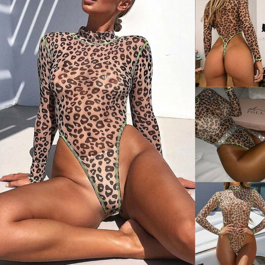 Sheer Leopard Print High Cut Bodysuit