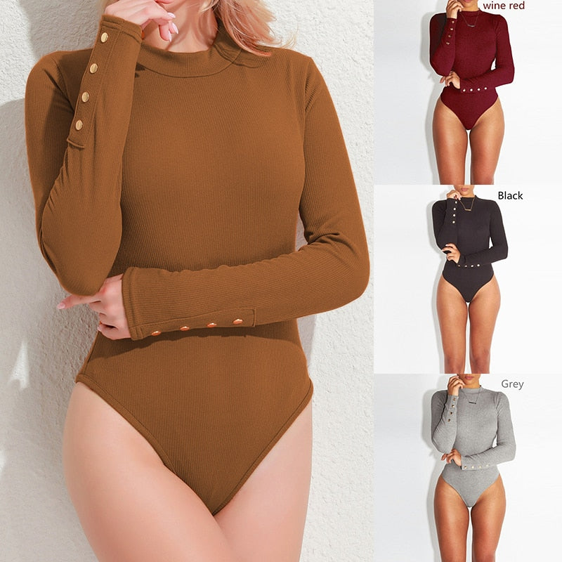 Long Sleeve Knit Bodysuit with Button Detail