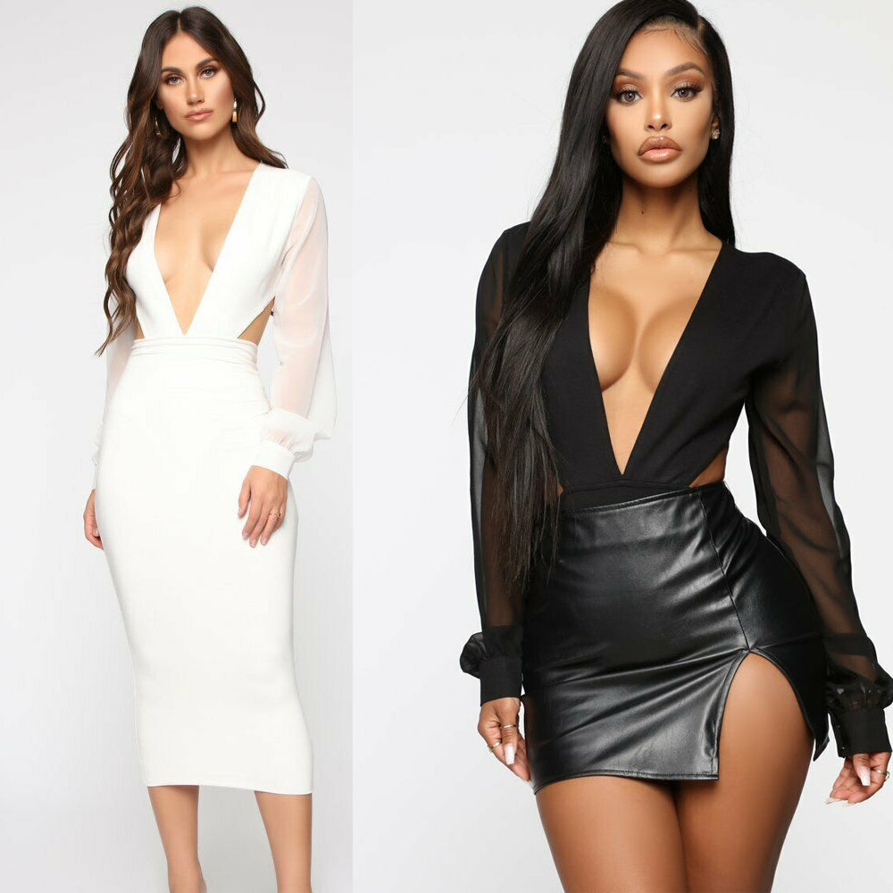 Deep V dress Bodysuit with Cutout Sides and Sheer Long Sleeves - 2 colors