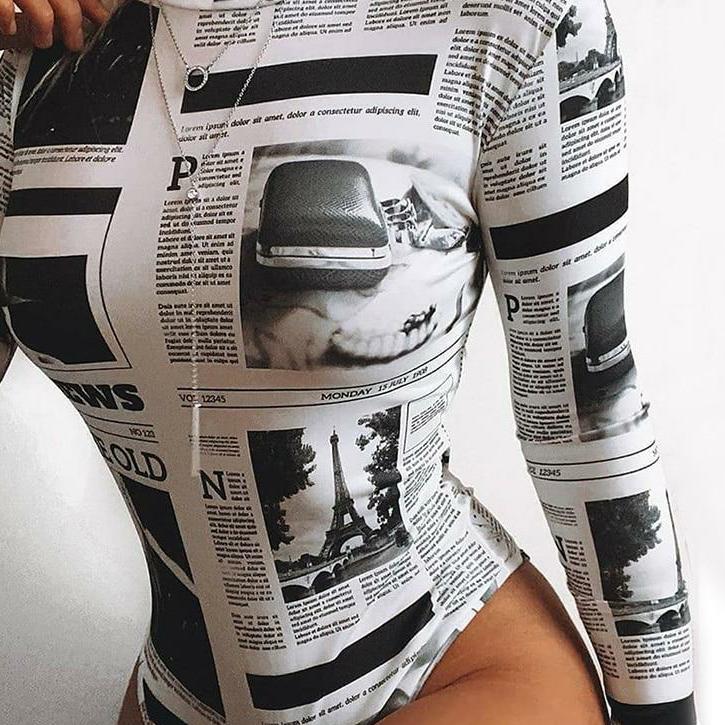 Long Sleeve Newspaper Letter Print Bodysuit