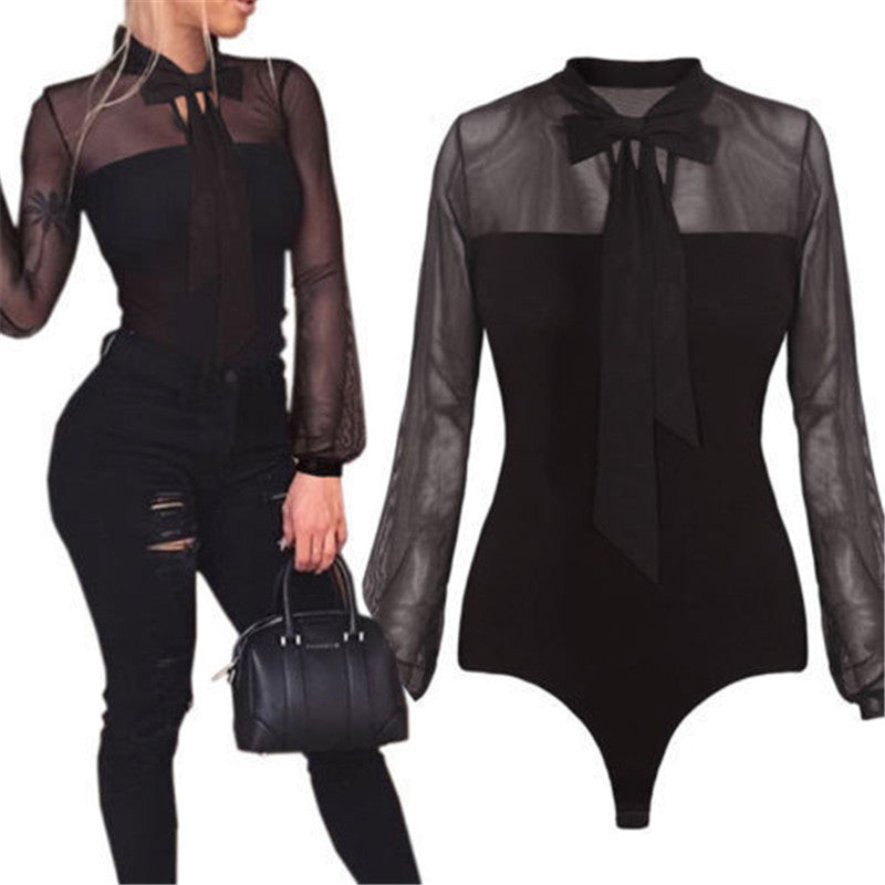 Bowed up Bodysuit with Sheer Chiffon Sleeves