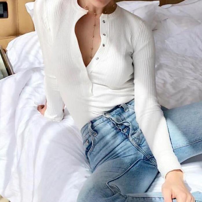 V-Neck Button Up Knit Bodysuit with Long Sleeves