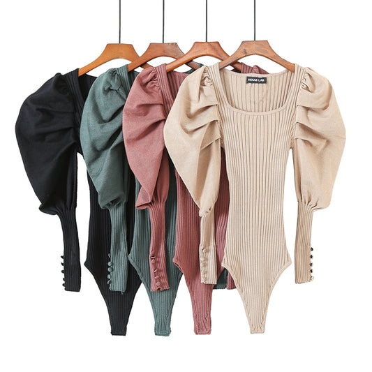 Stretch Knit Puff Sleeve Bodysuits - 4 colors