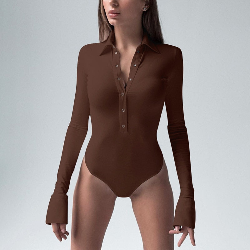 Long Sleeve Button Up Bodysuit with Turndown Collar