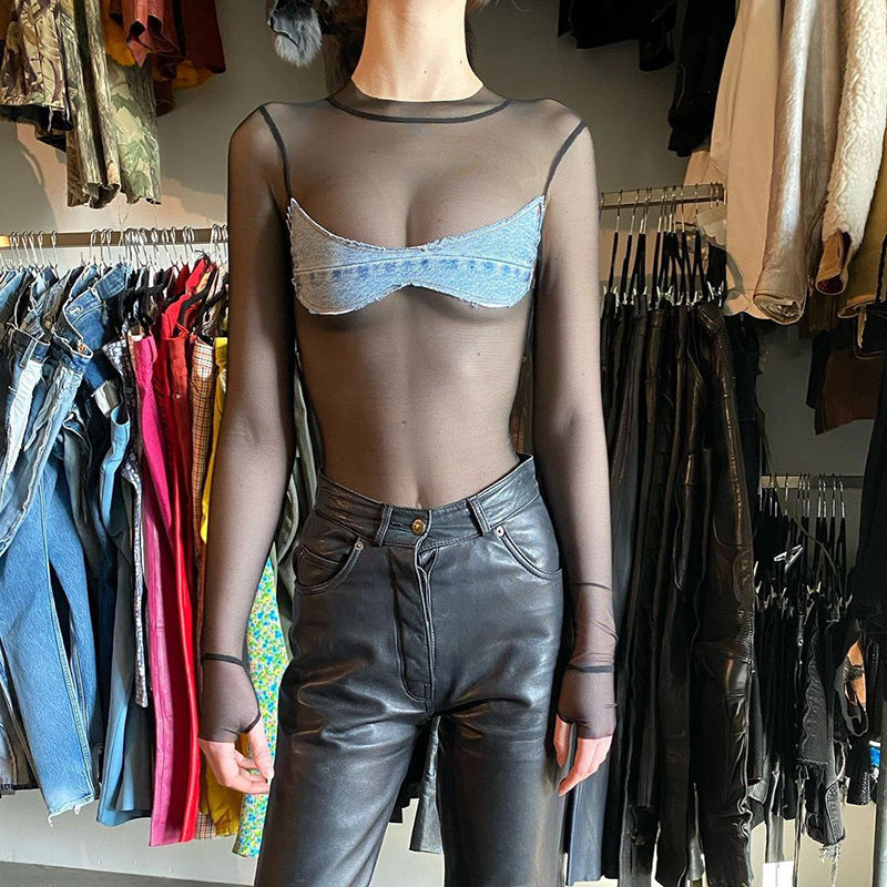 Sanza Sheer Bodysuit with Denim Applique