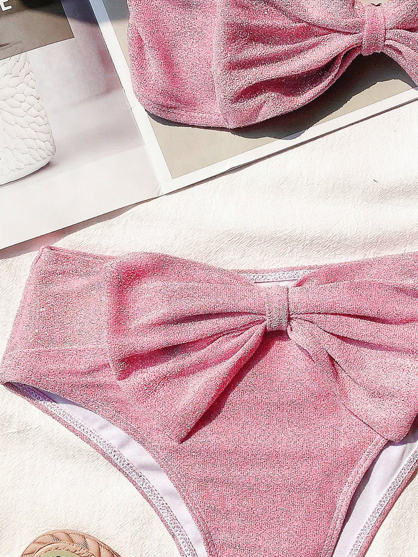 Pink Velvet High Waisted Bikini with Double Bows - Top and Bottom