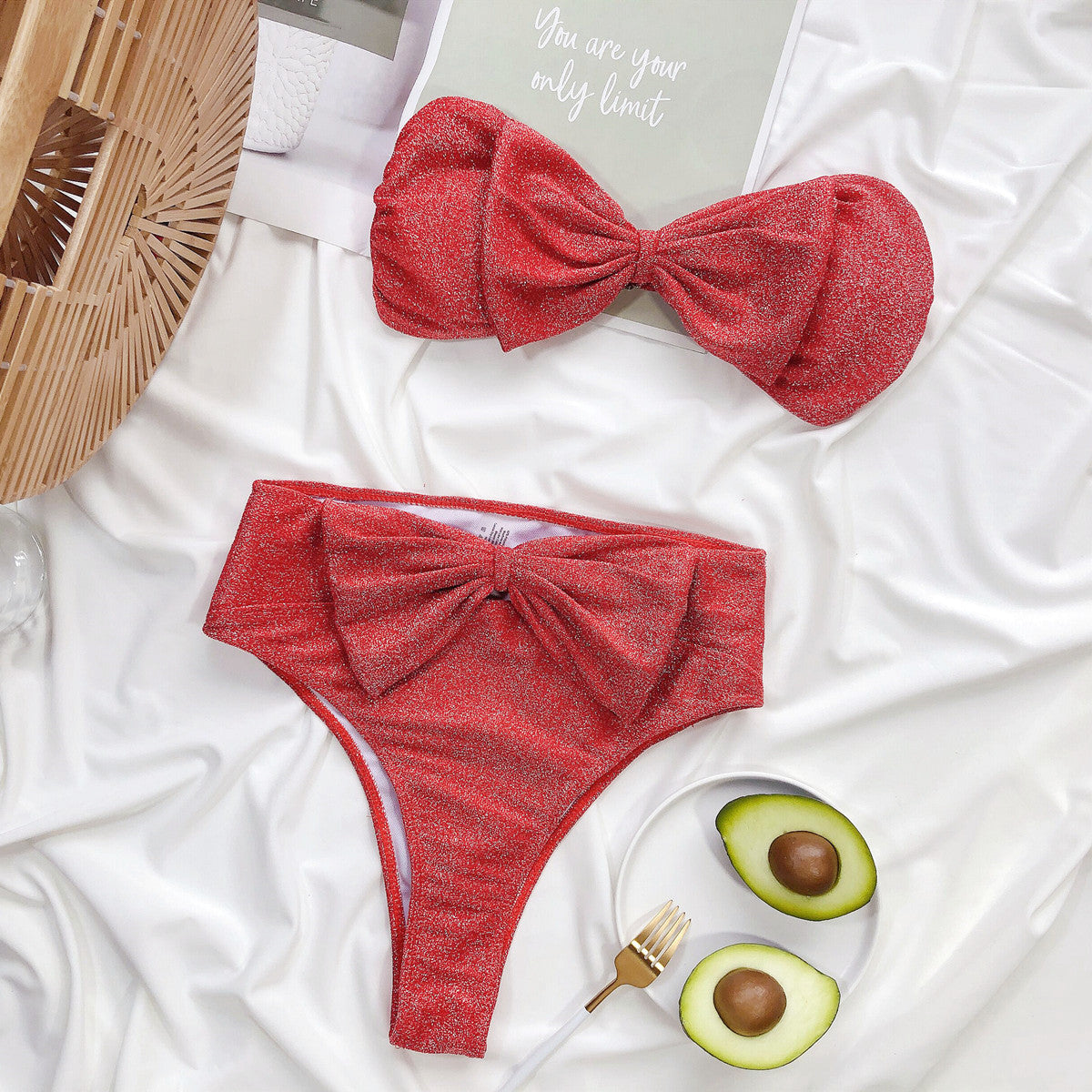 Pink Velvet High Waisted Bikini with Double Bows - Top and Bottom