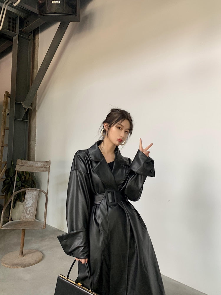 Long Faux Leather Trench with large Cuffs