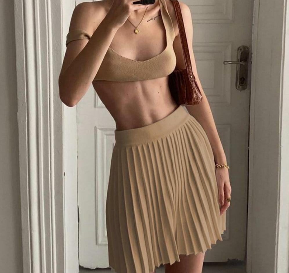 Ribbed Knit 2 Piece Pleated Skirt Set