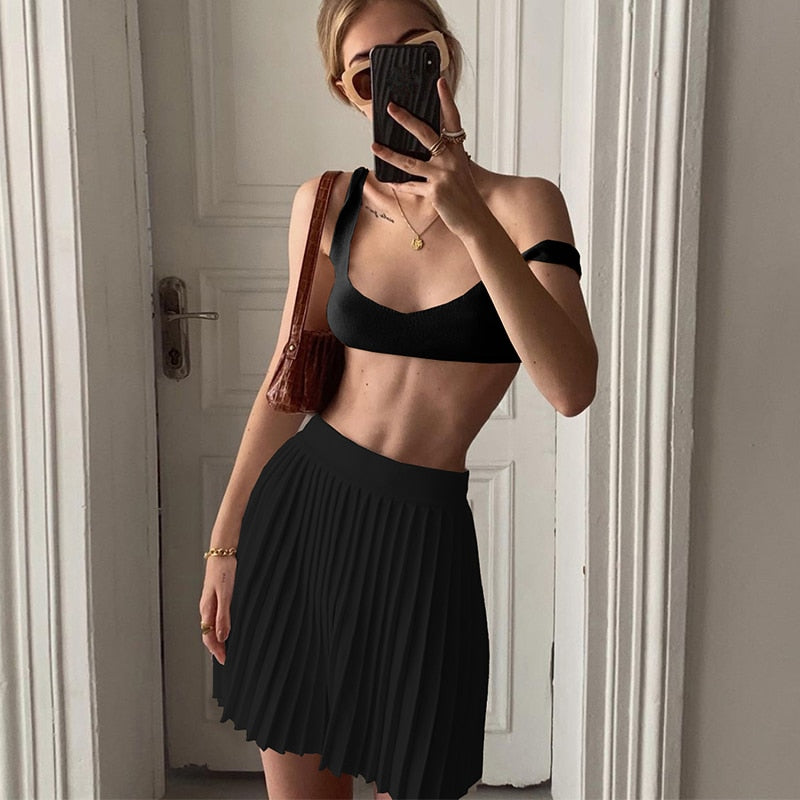 Ribbed Knit 2 Piece Pleated Skirt Set