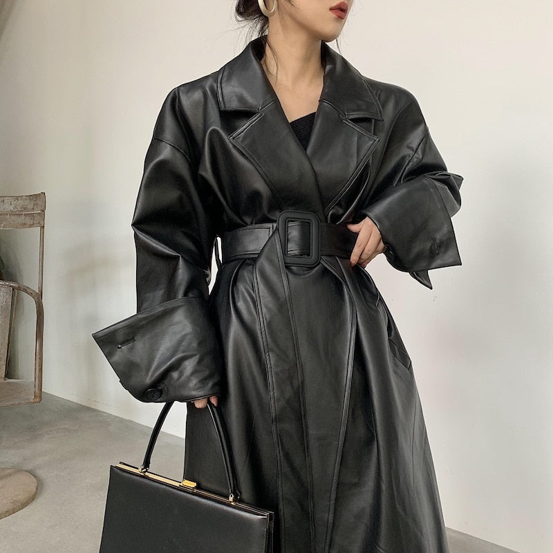 Long Faux Leather Trench with large Cuffs