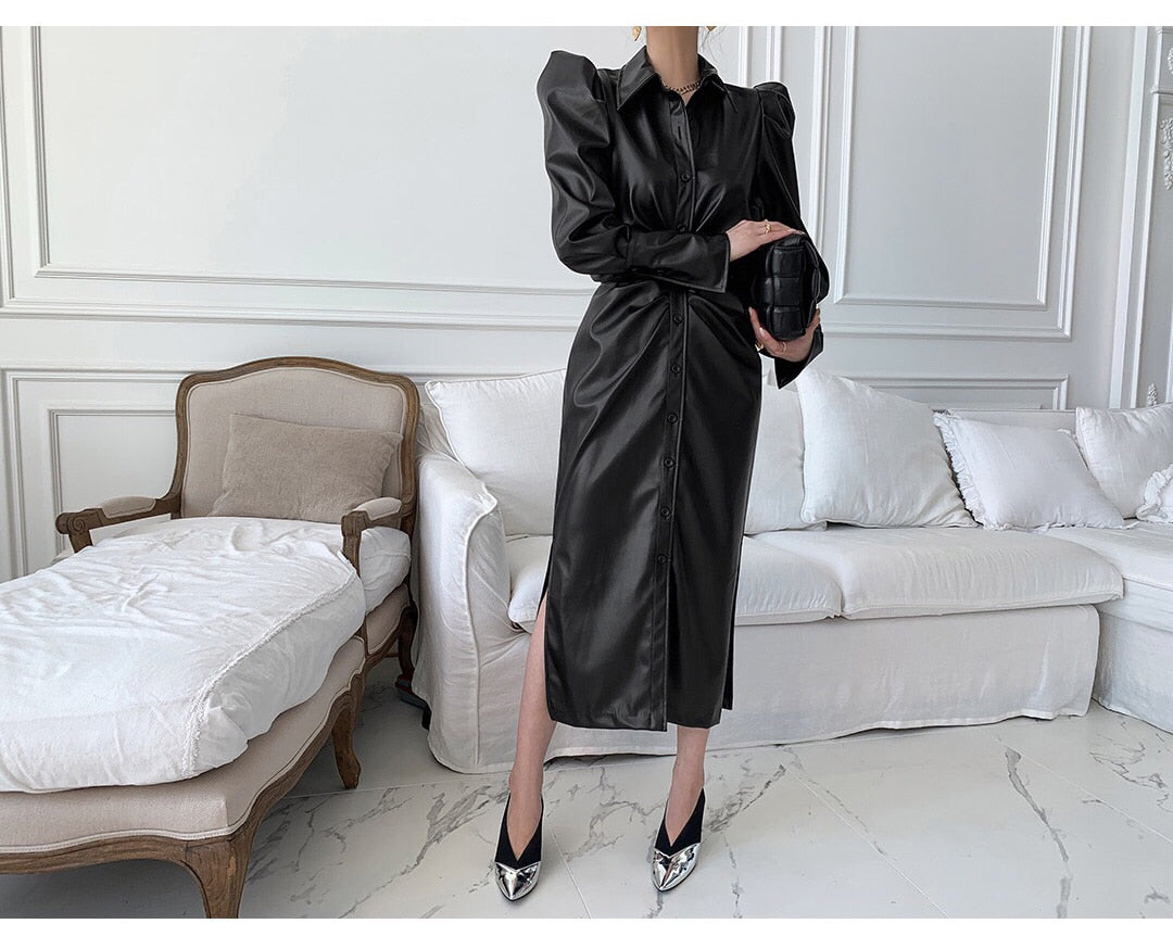 Long Soft Black Faux Leather Shirt Dress with Puff Sleeves