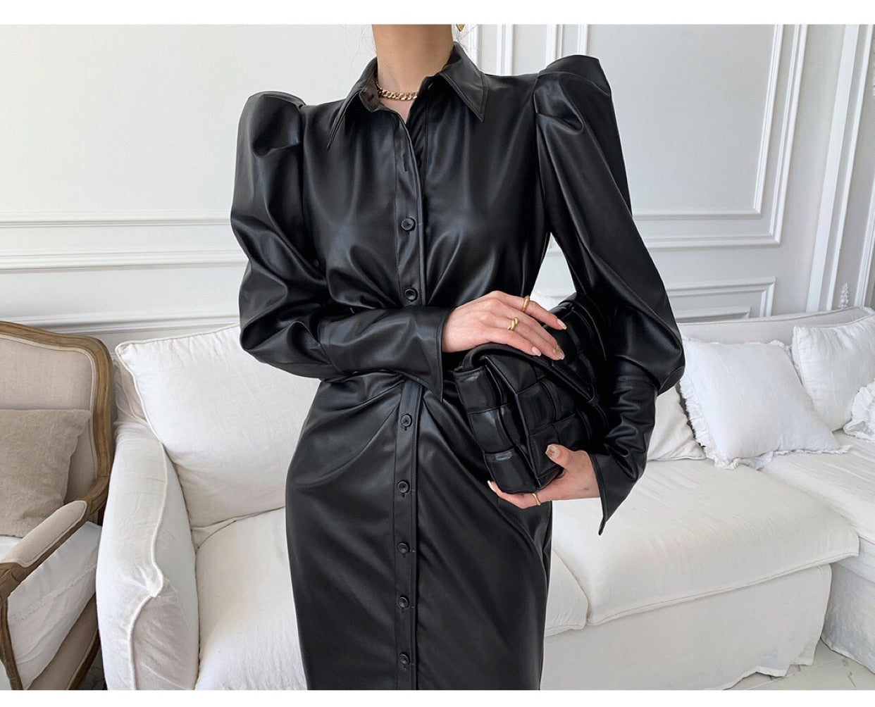 Long Soft Black Faux Leather Shirt Dress with Puff Sleeves