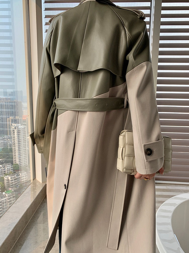 Two Tone Faux Leather Trench Coat