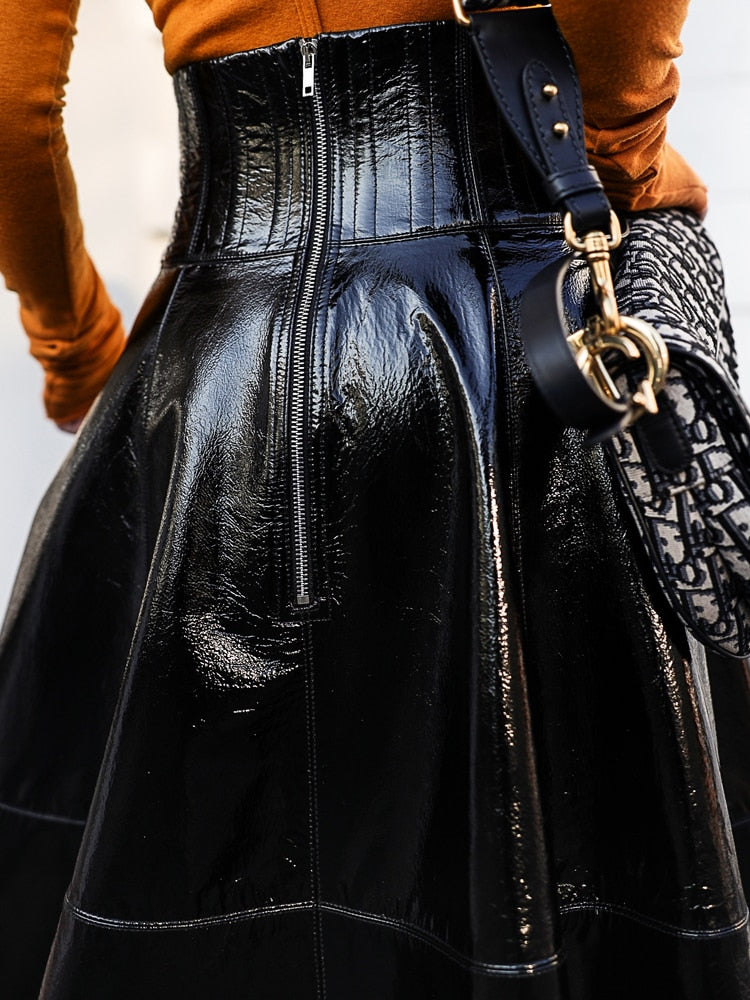 Long Black Patent Leather Skirt