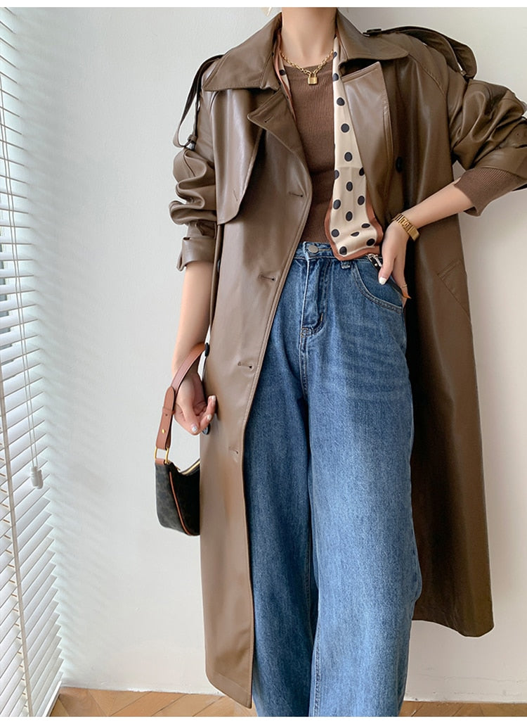 Long Oversized Faux Leather Trench Coat - 2 Colors