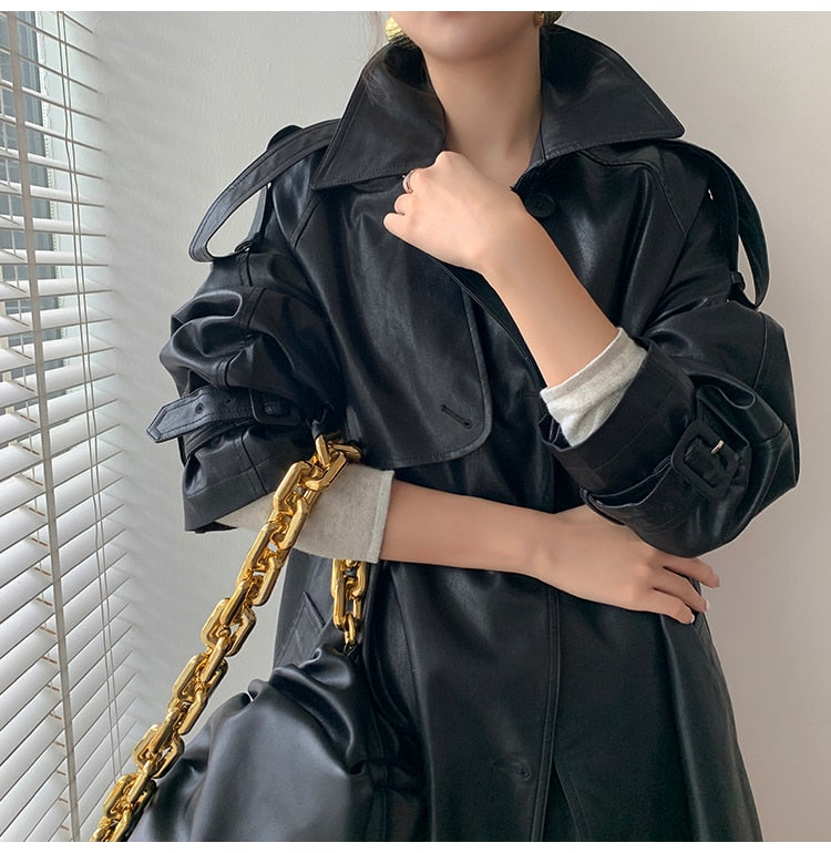 Long Oversized Faux Leather Trench Coat - 2 Colors