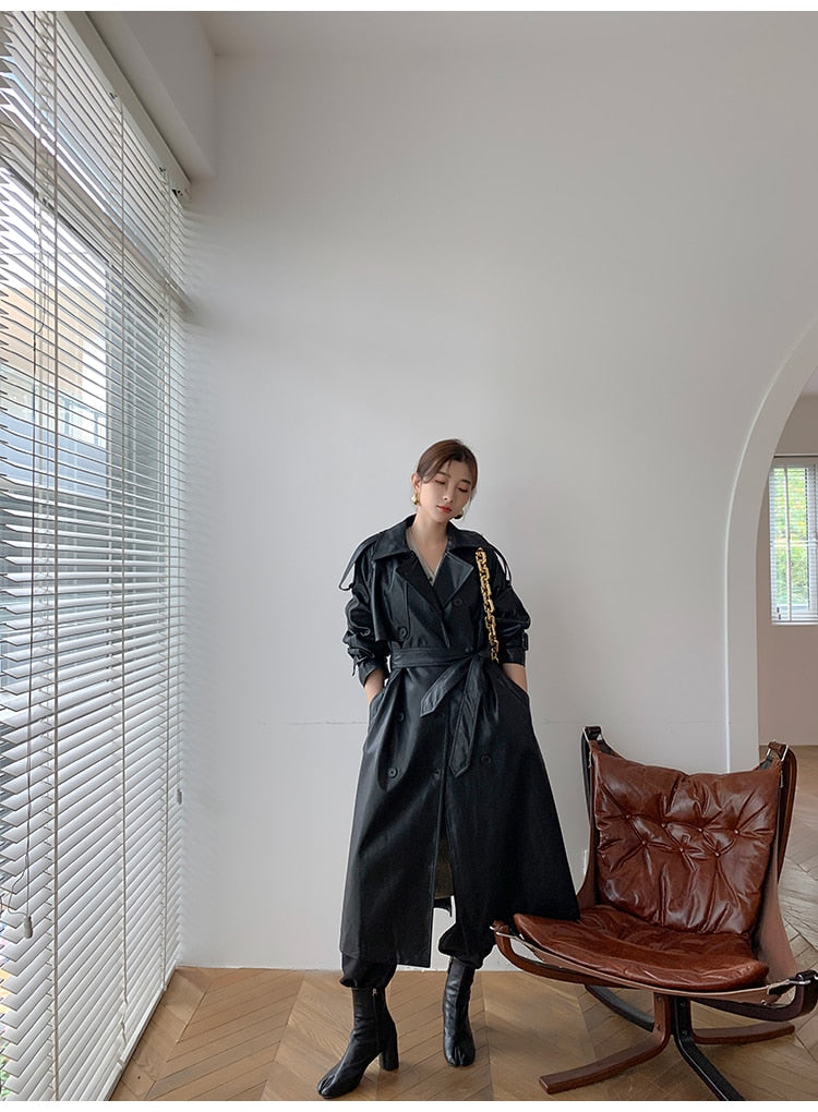 Long Oversized Faux Leather Trench Coat - 2 Colors