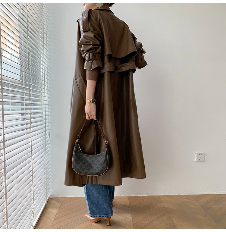 Long Oversized Faux Leather Trench Coat - 2 Colors