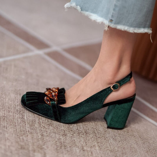 Emerald Velvet Chunky Heel Slingbacks