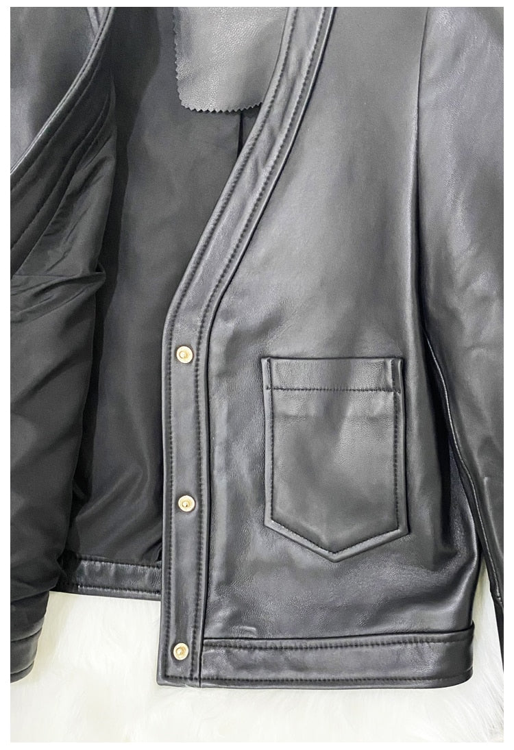 BXF Genuine Sheepskin Leather V-Neck Jacket