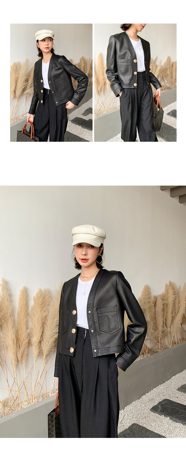 BXF Genuine Sheepskin Leather V-Neck Jacket