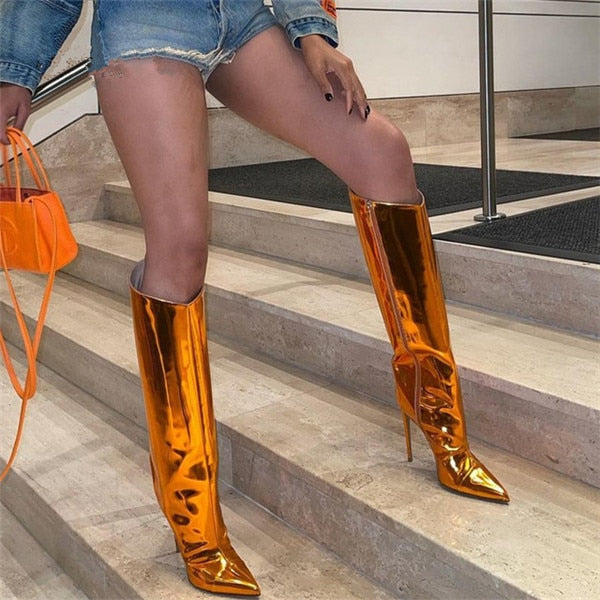 Metallic Patent Leather Knee High Boots