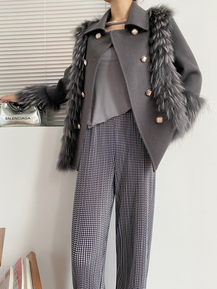 BXF Fox Fur Double Breasted Wool Coat