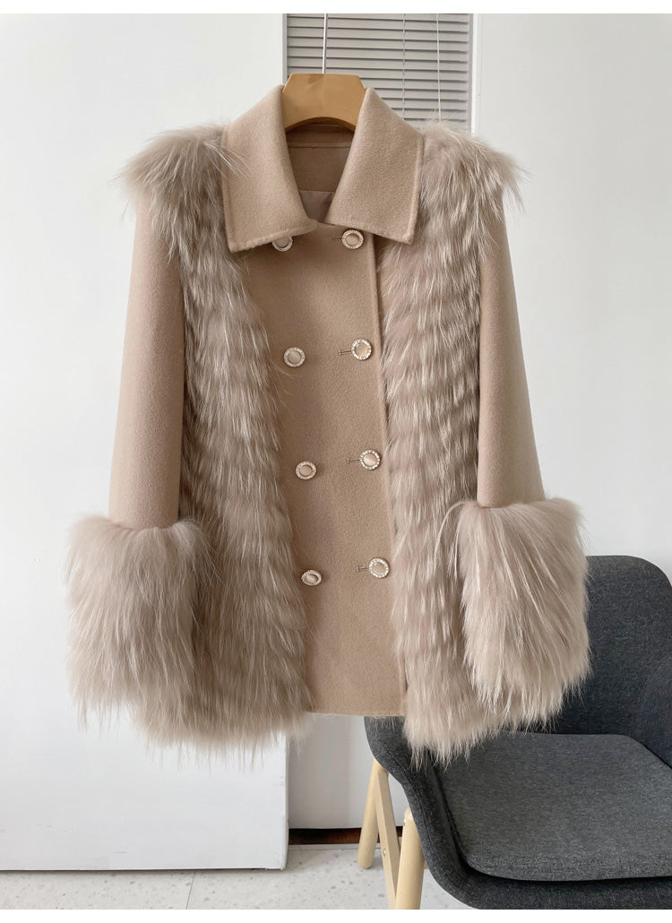 BXF Fox Fur Double Breasted Wool Coat