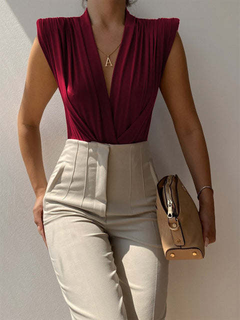 V Neck Bodysuit with Shoulder Pads